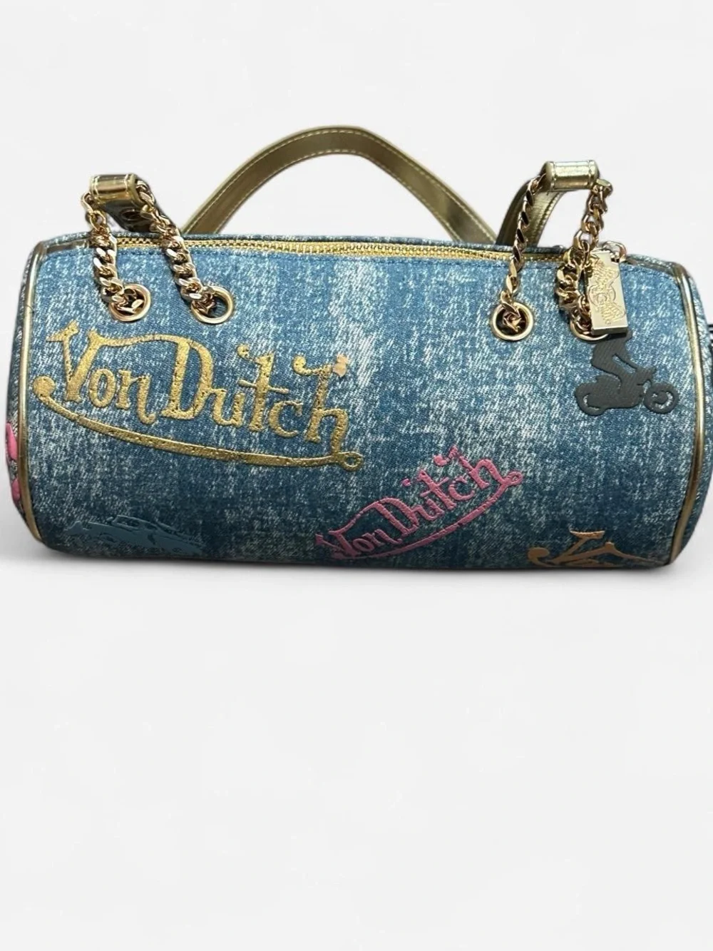 Von Dutch Blue Denim Barrel Bag with Gold Handles and Colorful Patches